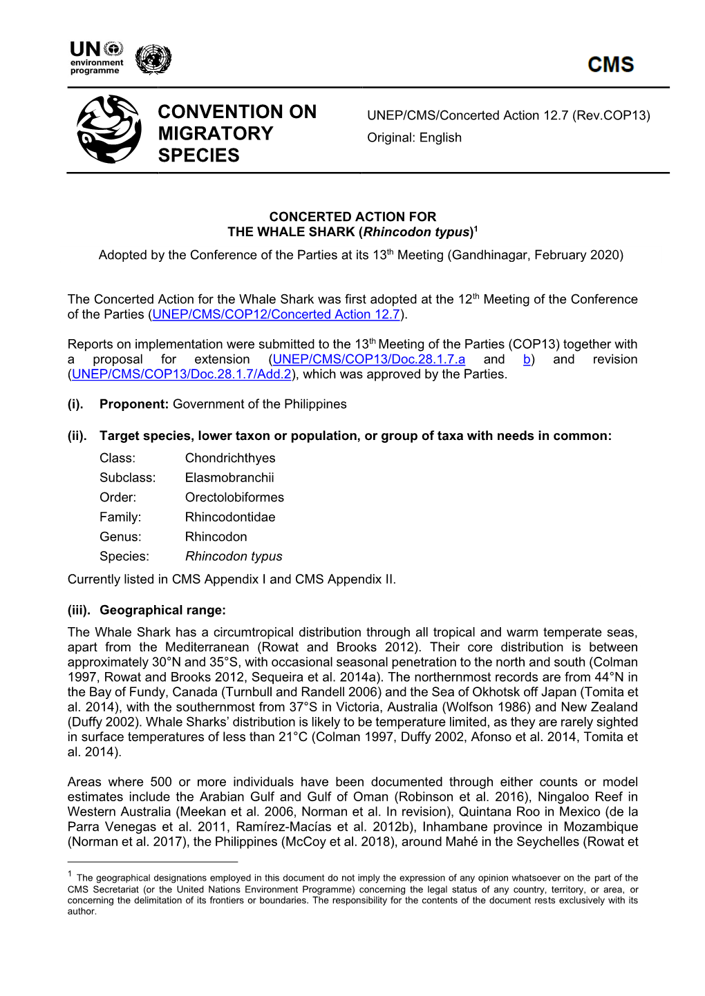 CONCERTED ACTION for the WHALE SHARK (Rhincodon Typus)1 Adopted by the Conference of the Parties at Its 13Th Meeting (Gandhinagar, February 2020)