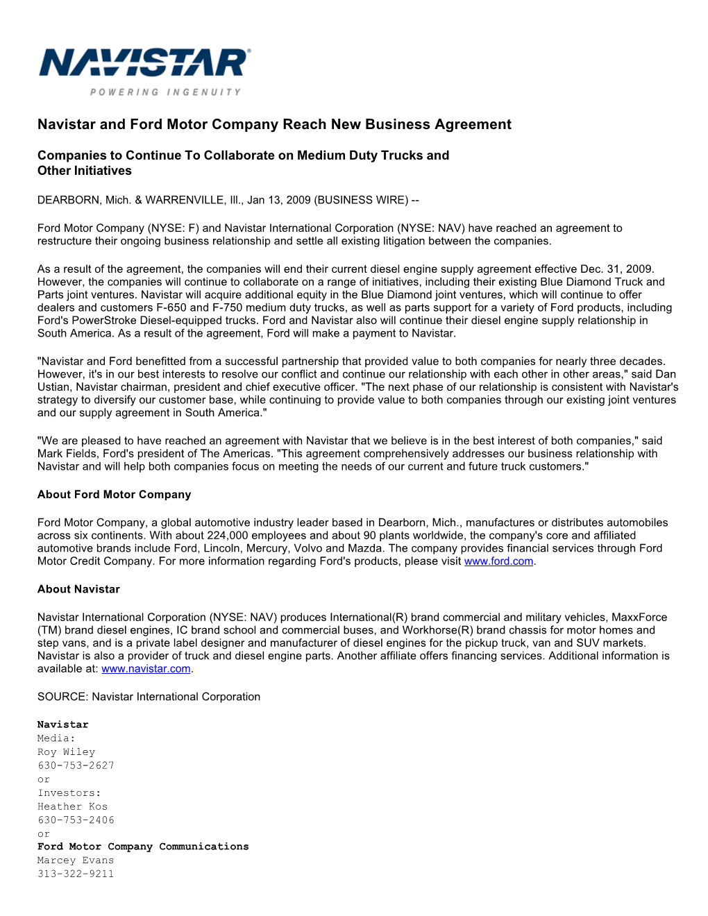 Navistar and Ford Motor Company Reach New Business Agreement