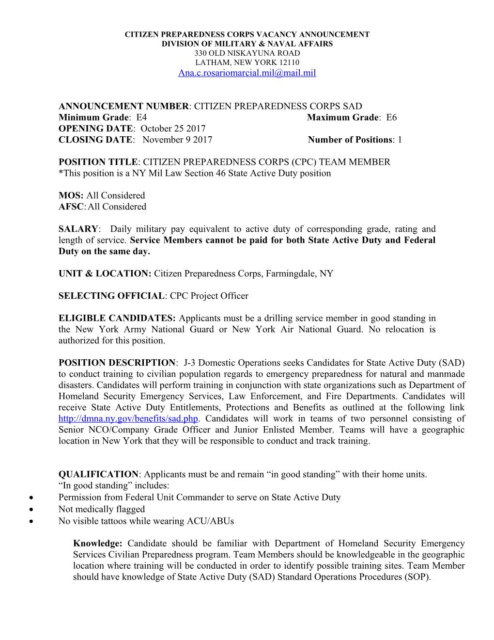 Citizen Preparedness Corps Vacancy Announcement