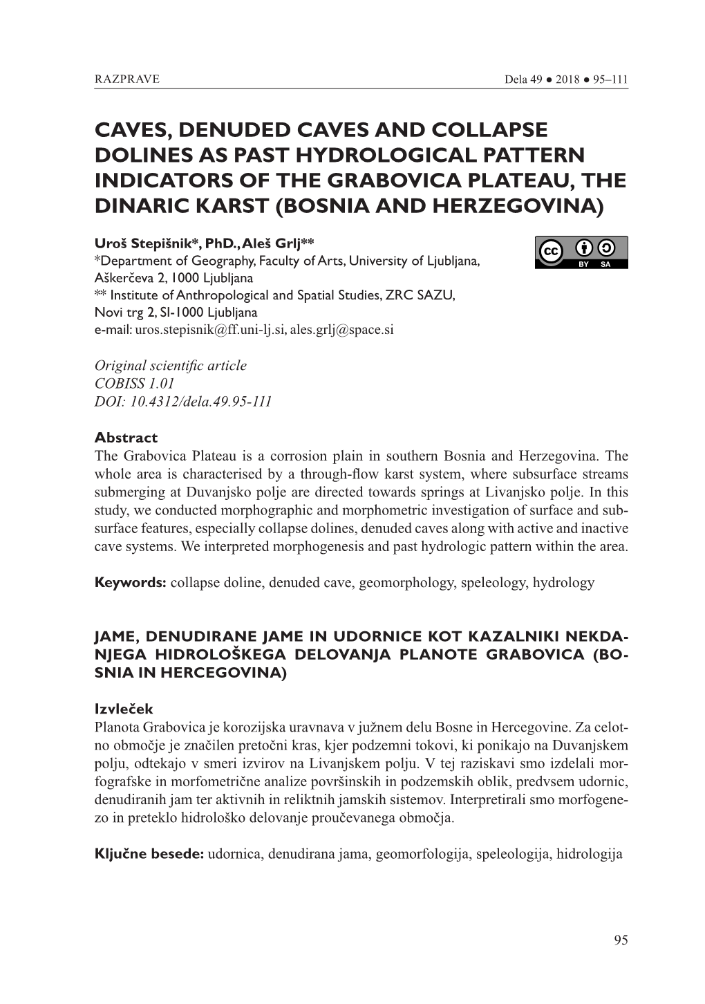 Caves, Denuded Caves and Collapse Dolines As Past Hydrological Pattern Indicators of the Grabovica Plateau, the Dinaric Karst (Bosnia and Herzegovina)