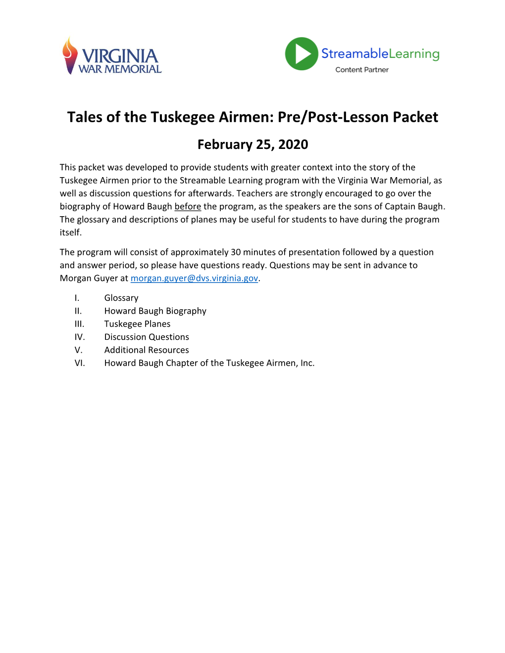Tales of the Tuskegee Airmen: Pre/Post-Lesson Packet February 25, 2020