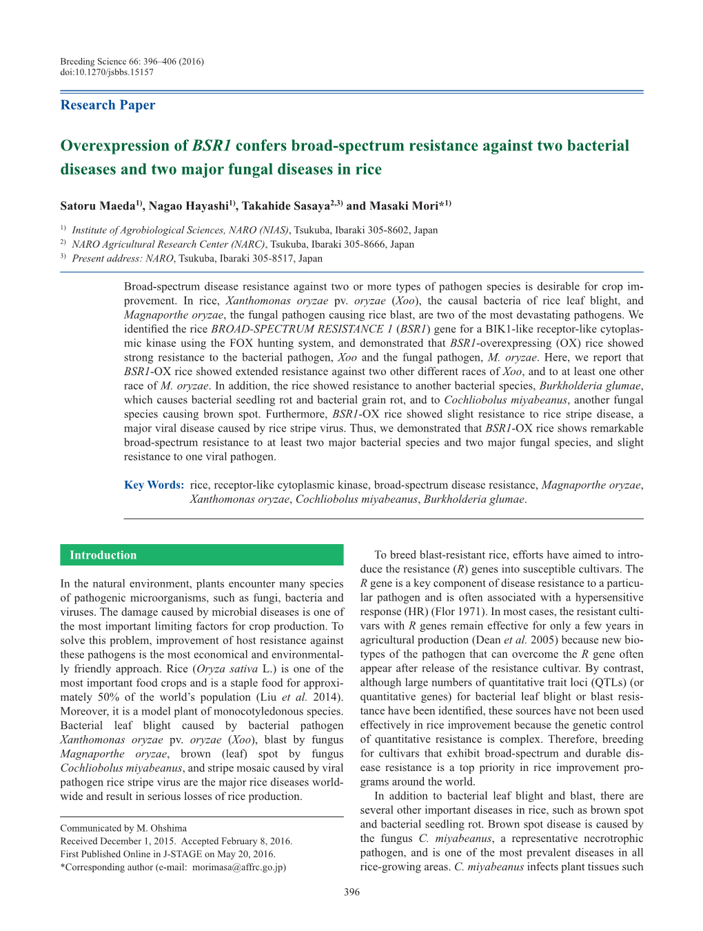 Overexpression of BSR1 Confers Broad-Spectrum Resistance Against Two Bacterial Diseases and Two Major Fungal Diseases in Rice