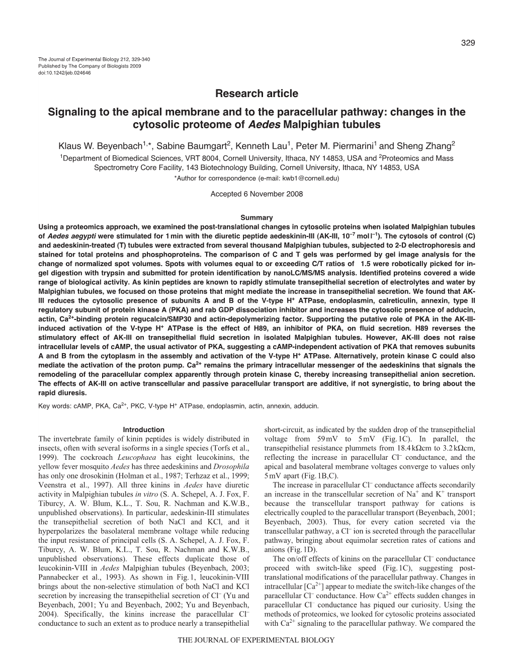 Changes in the Cytosolic Proteome of Aedes Malpighian Tubules