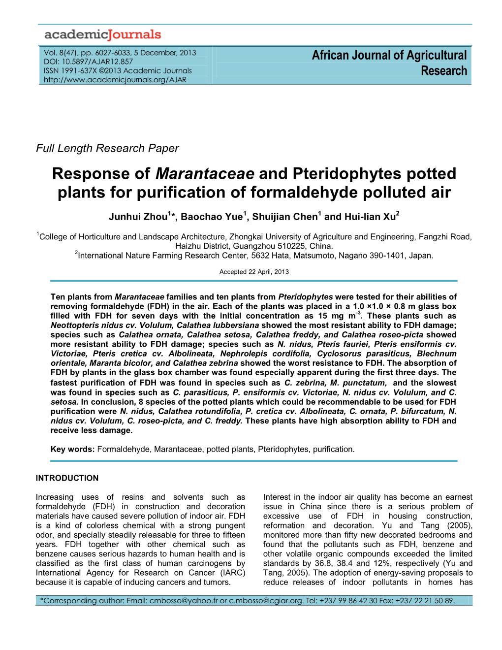 Response of Marantaceae and Pteridophytes Potted Plants for Purification of Formaldehyde Polluted Air