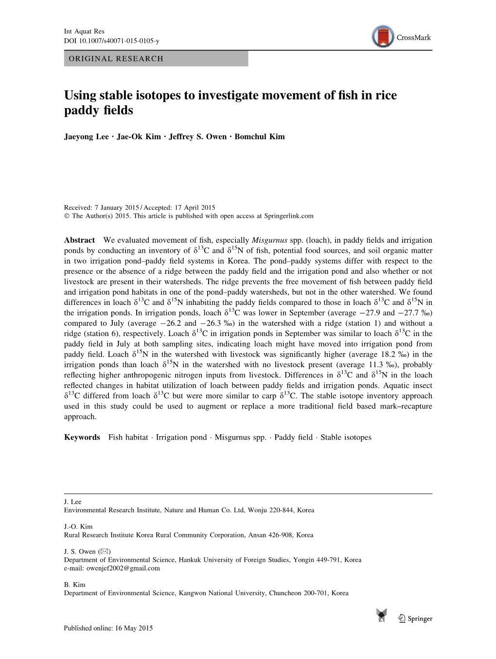 Using Stable Isotopes to Investigate Movement of Fish in Rice Paddy Fields