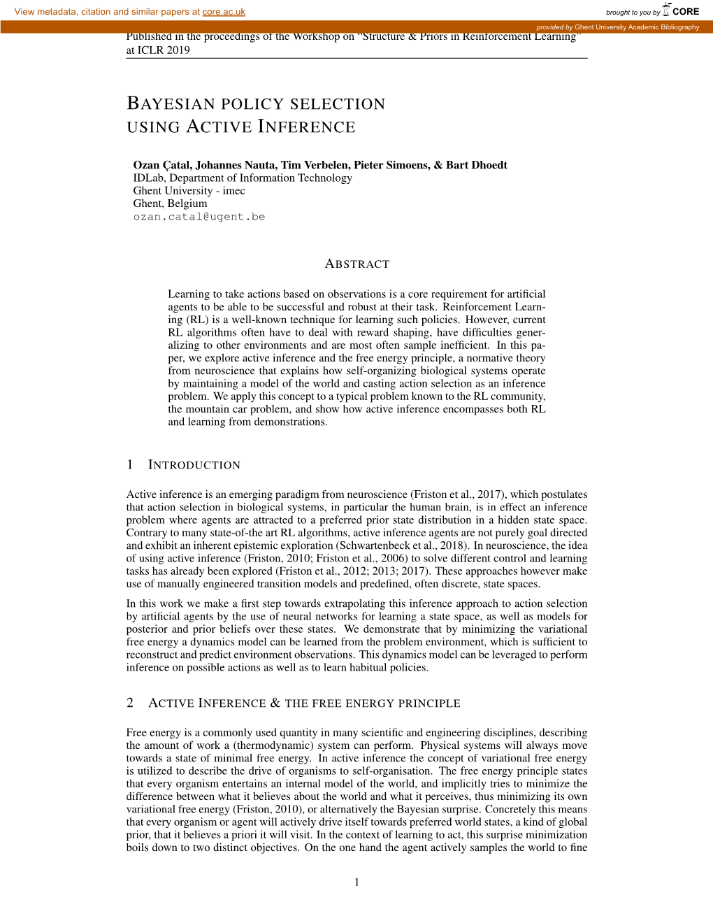 Bayesian Policy Selection Using Active Inference