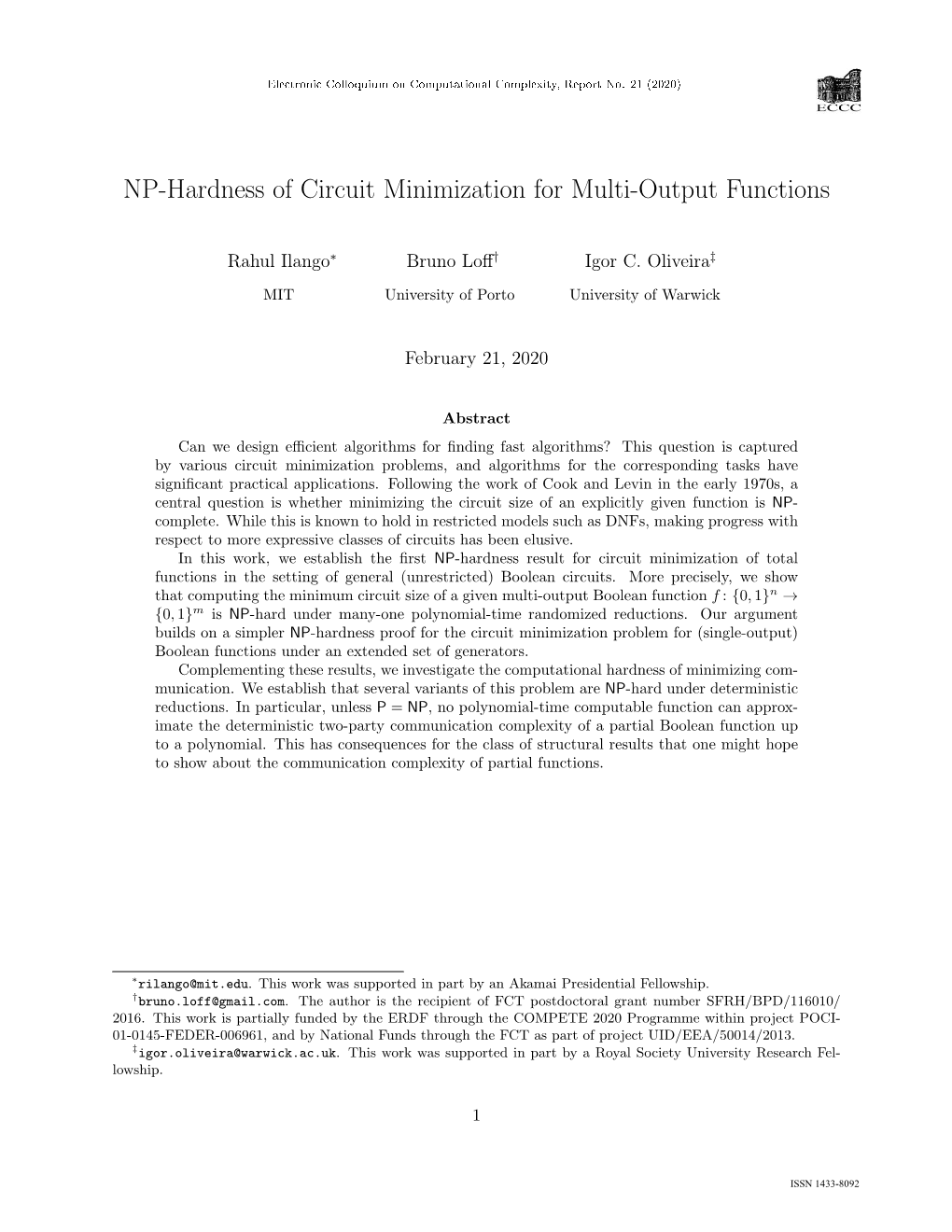 NP-Hardness of Circuit Minimization for Multi-Output Functions