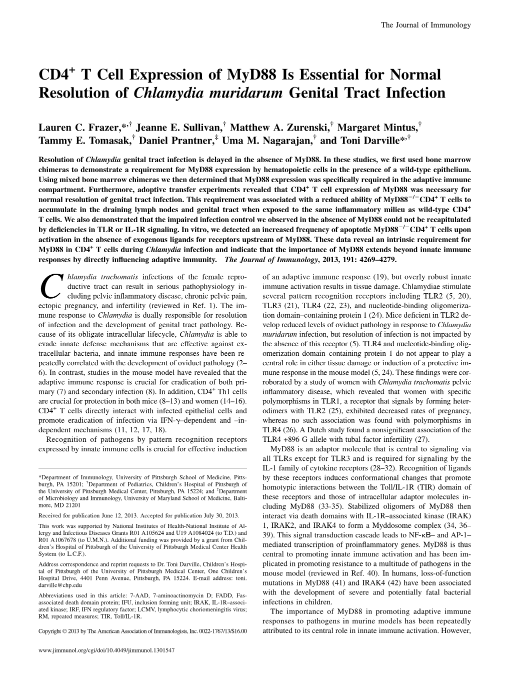 Infection Genital Tract Chlamydia Muridarum Essential for Normal