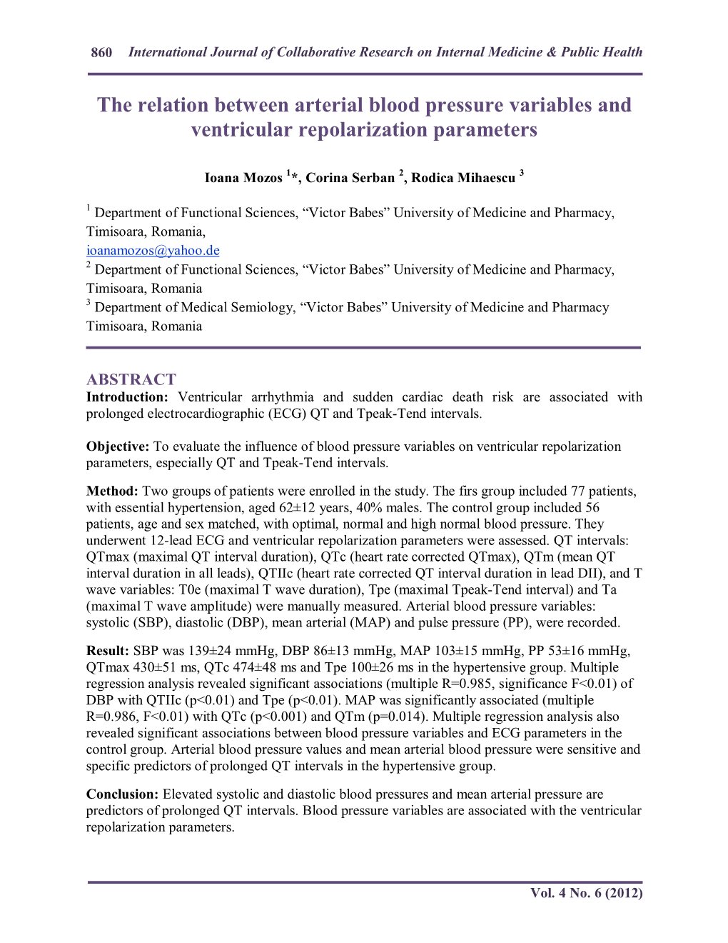 The Relation Between Arterial Blood Pressure Variables and Ventricular Repolarization Parameters