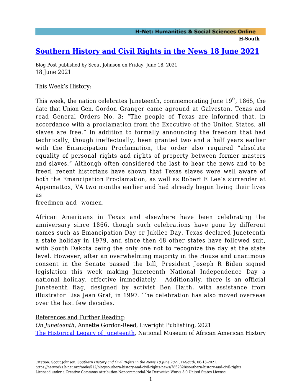 Southern History and Civil Rights in the News 18 June 2021