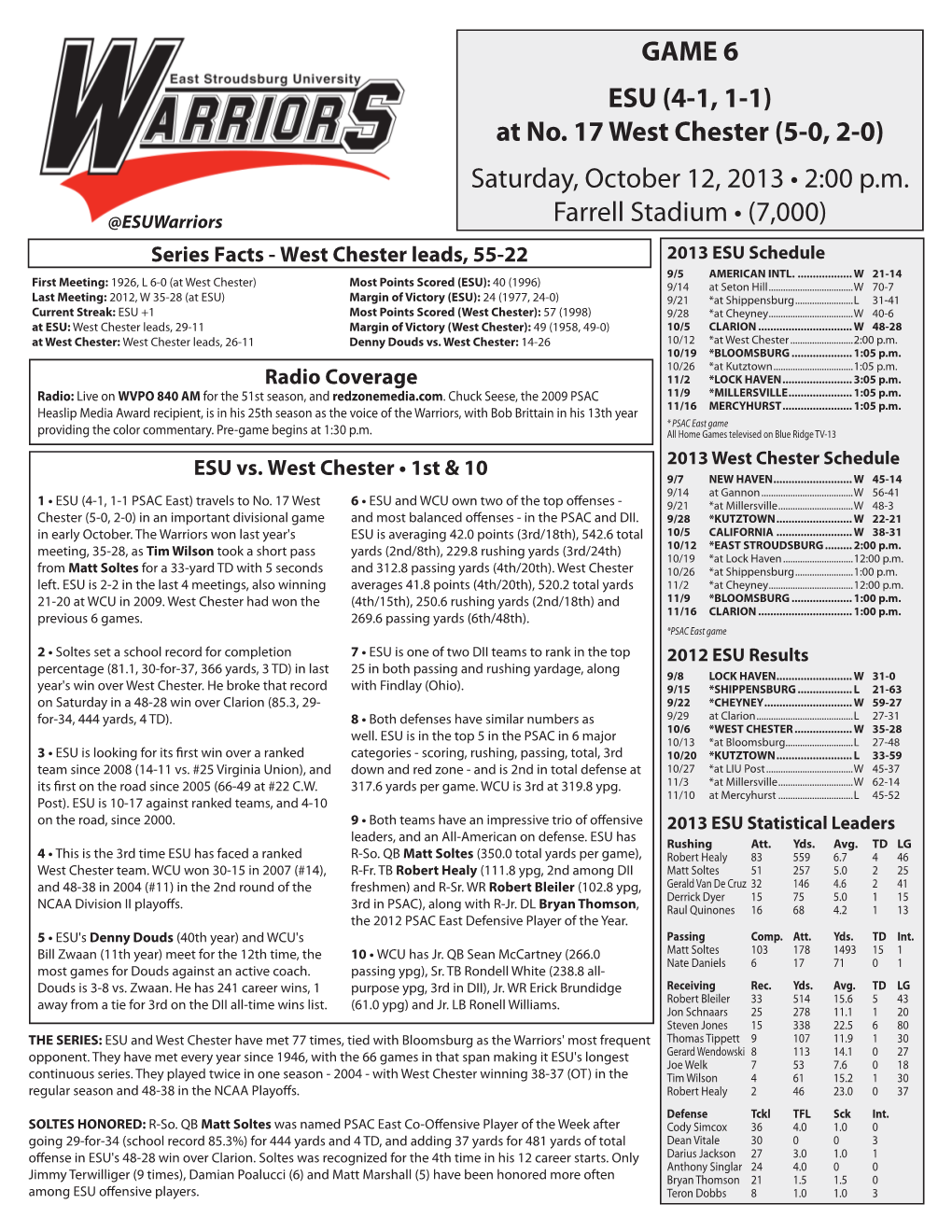 GAME NOTES ESU at a Glance Denny Douds Set the Division II Record for Games Coached in 2011 DENNY DOUDS by the NUMBERS Location