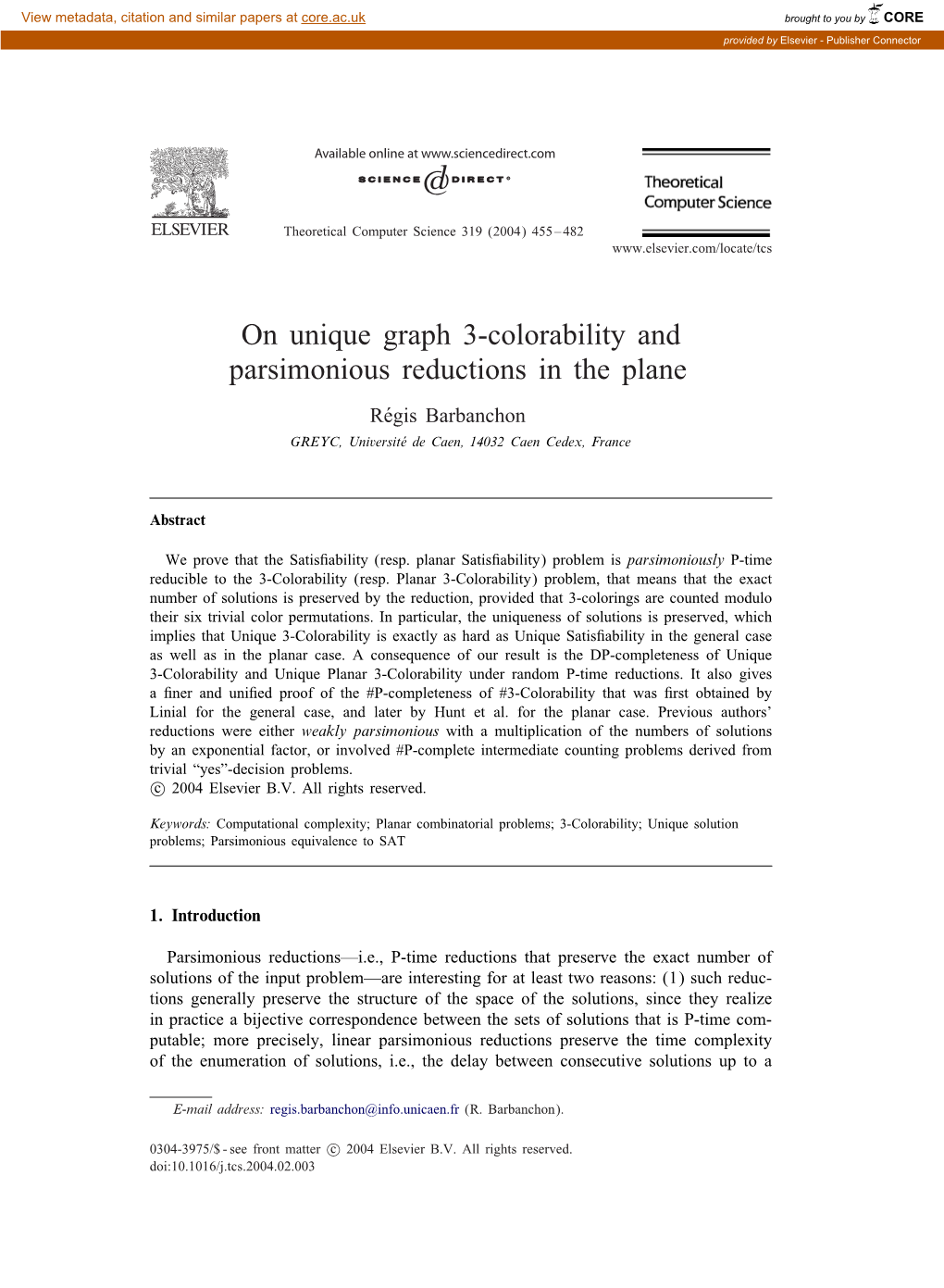 On Unique Graph 3-Colorability and Parsimonious Reductions in the Plane