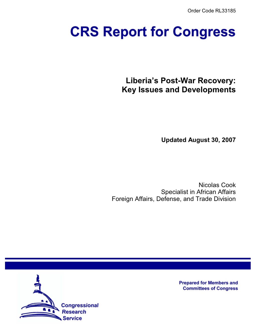Liberia's Post-War Recovery: Key Issues And
