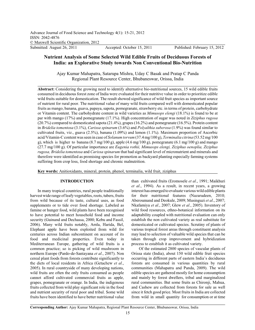 Nutrient Analysis of Some Selected Wild Edible Fruits of Deciduous Forests of India: an Explorative Study Towards Non Conventional Bio-Nutrition