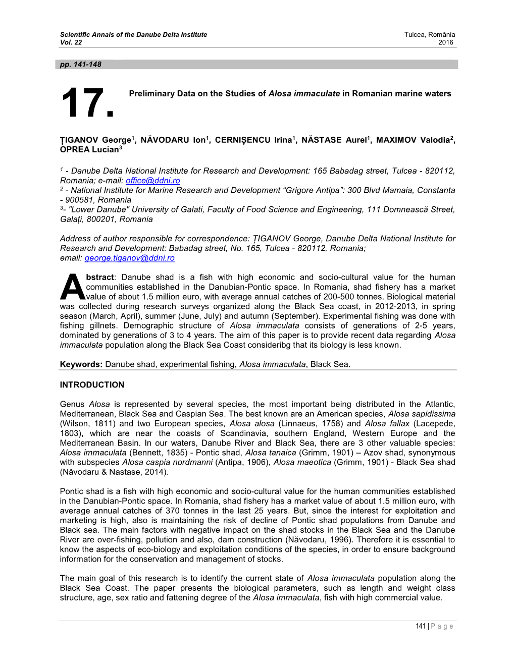 17. Preliminary Data on the Studies of Alosa Immaculate in Romanian