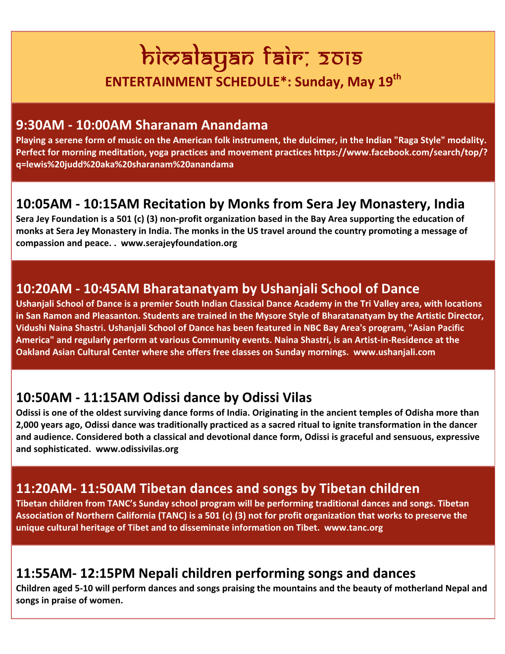 HIMALAYAN FAIR, 2019 ENTERTAINMENT SCHEDULE*: Sunday, May 19Th