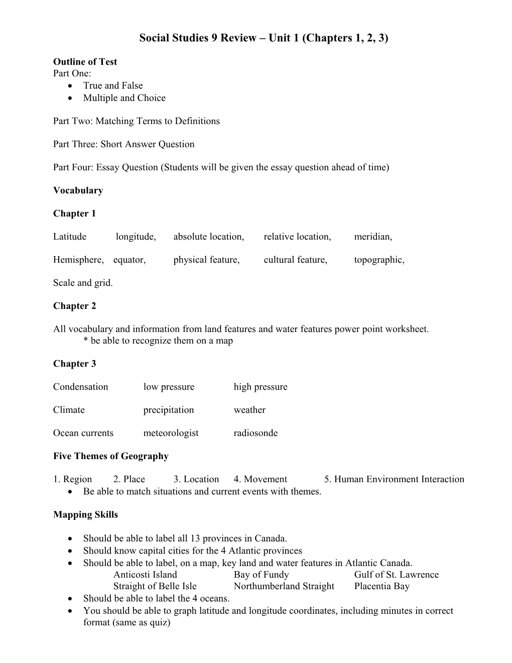 Social Studies 9 Review Unit 1 (Chapters 1,2,3)