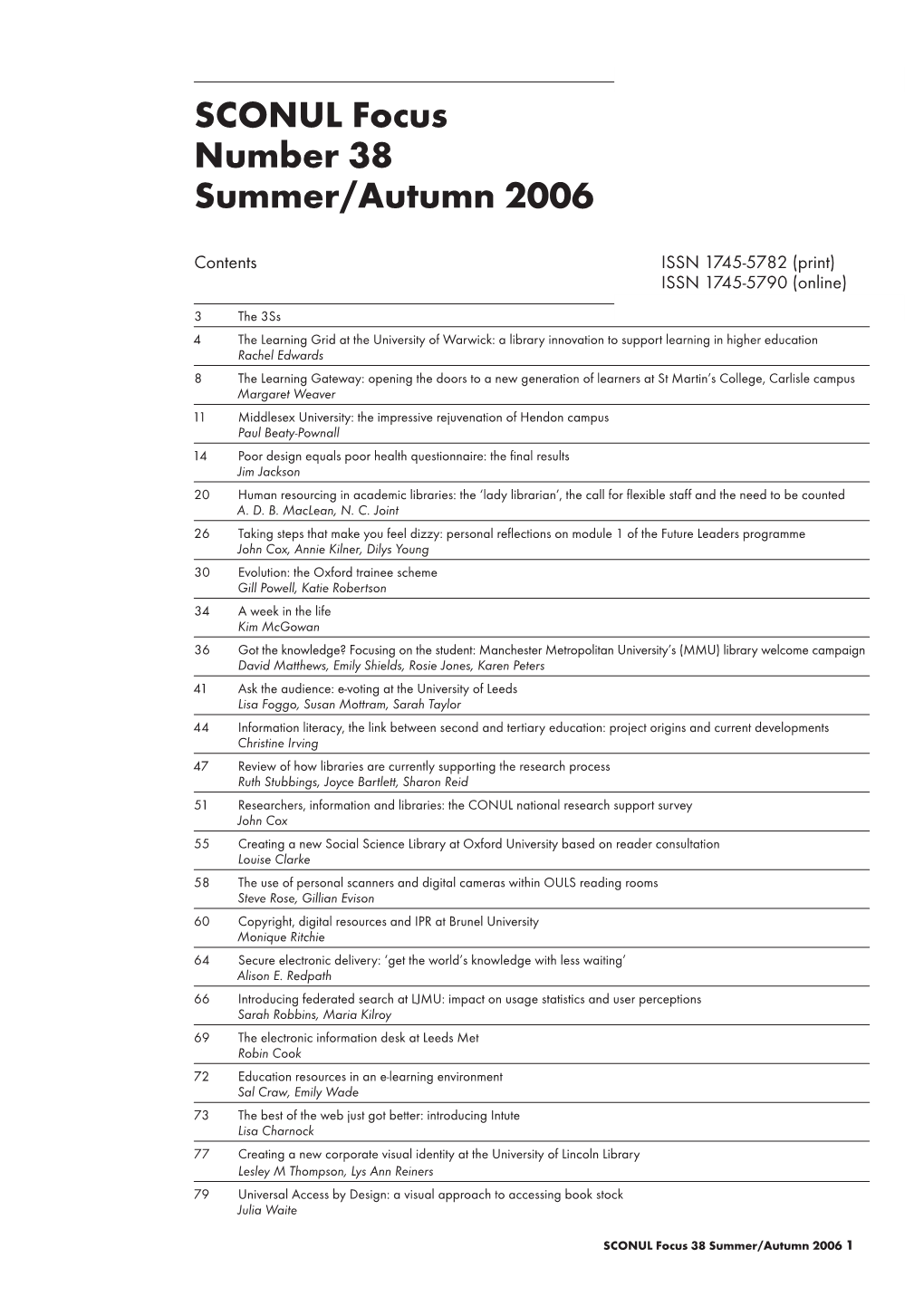 SCONUL Focus Number 38 Summer/Autumn 2006