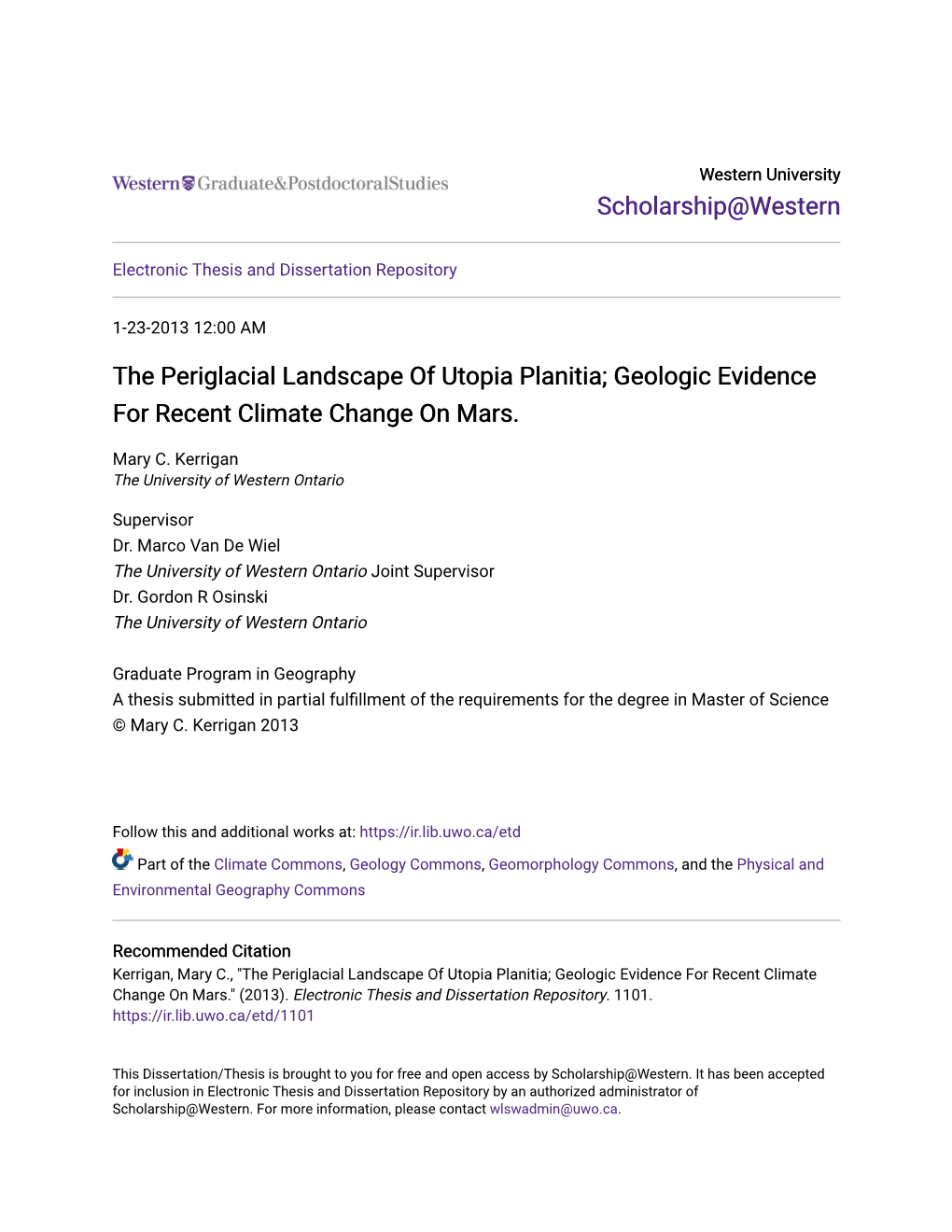 The Periglacial Landscape of Utopia Planitia; Geologic Evidence for Recent Climate Change on Mars