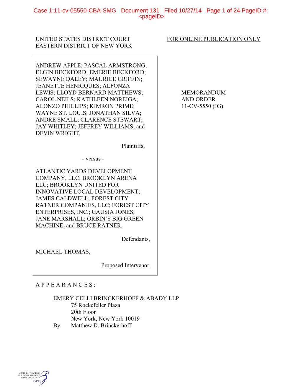 United States District Court for Online Publication Only Eastern District of New York