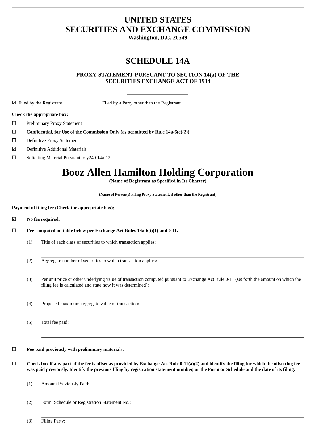 Booz Allen Hamilton Holding Corporation (Name of Registrant As Specified in Its Charter)