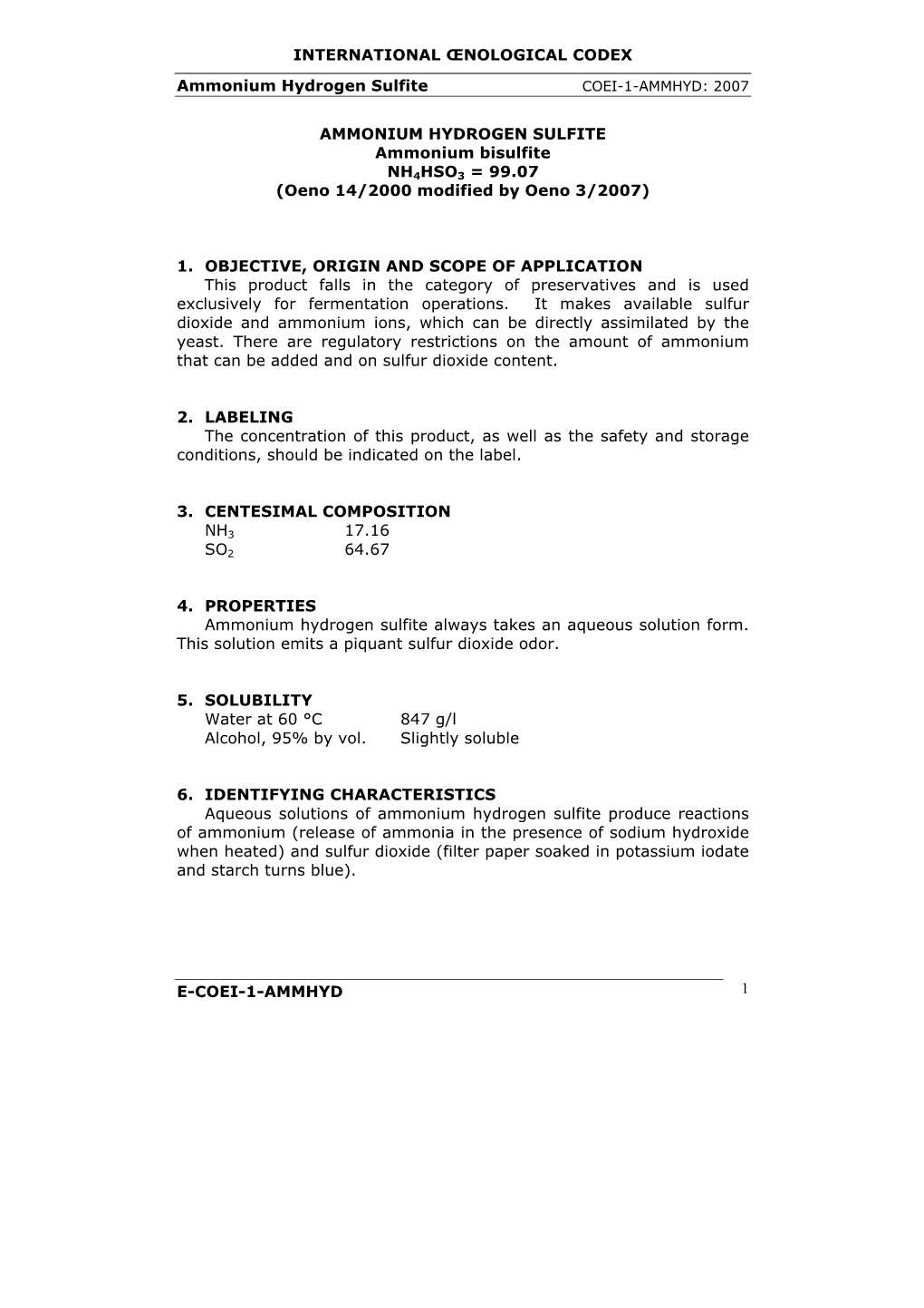 INTERNATIONAL ŒNOLOGICAL CODEX Ammonium Hydrogen