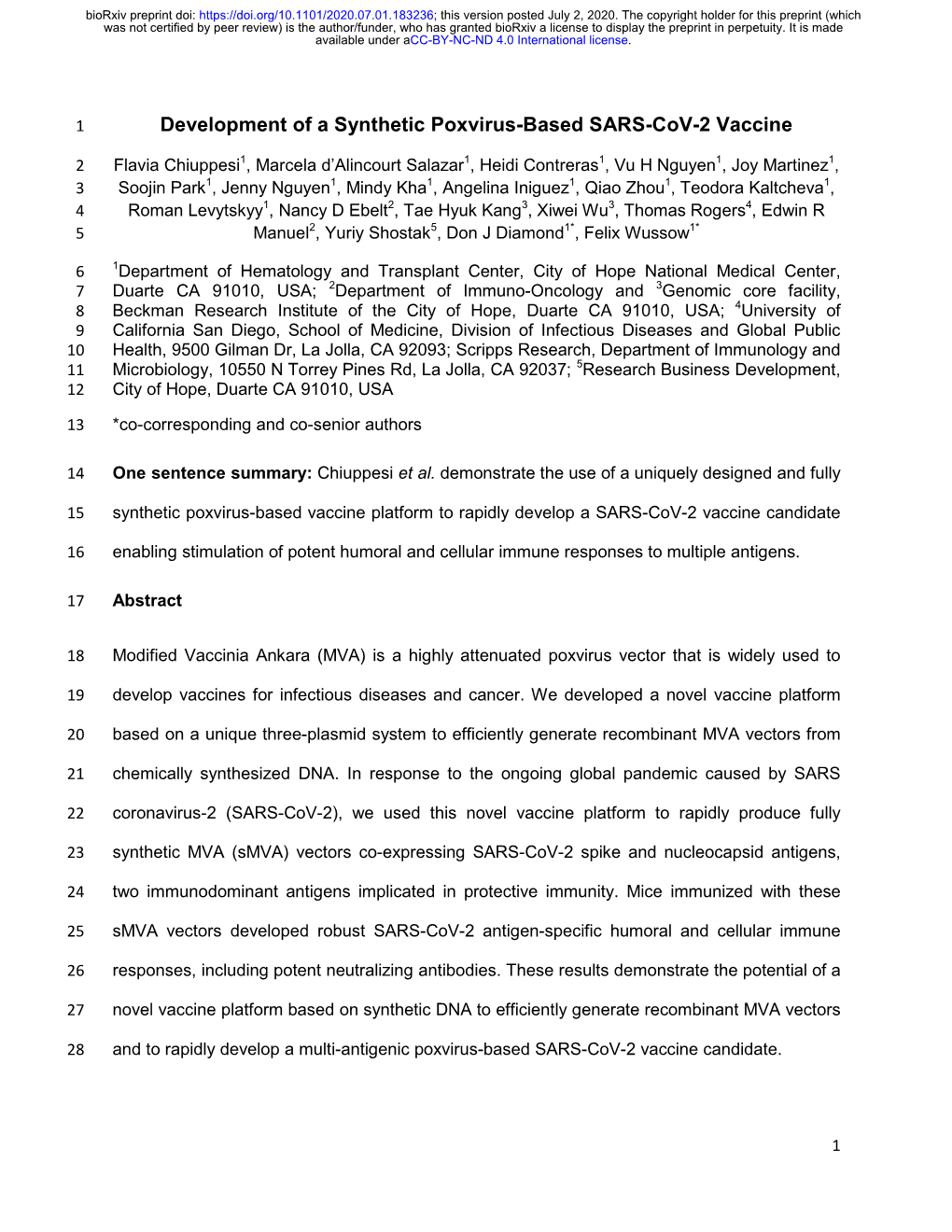 Development of a Synthetic Poxvirus-Based SARS-Cov-2 Vaccine