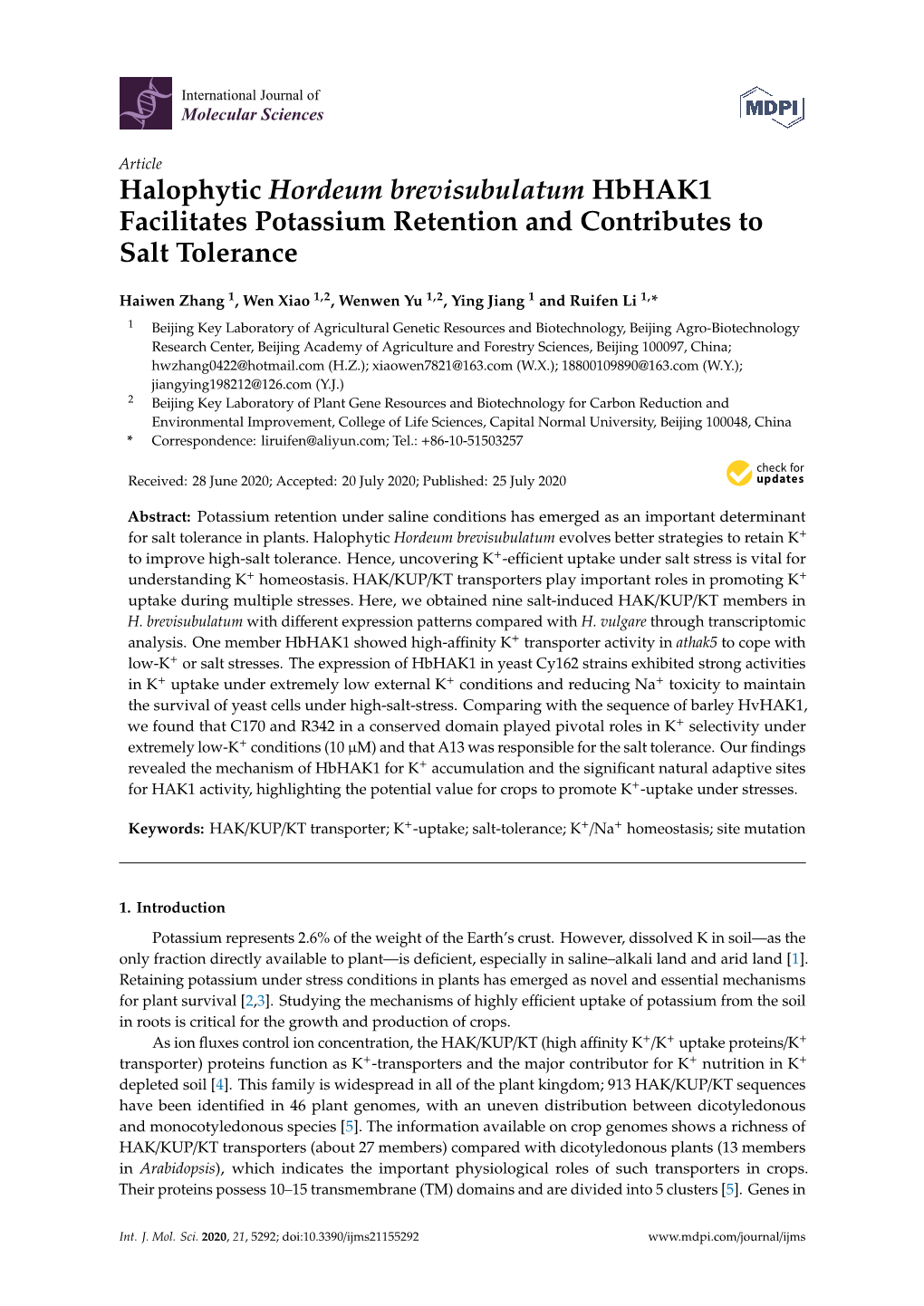 Halophytic Hordeum Brevisubulatum Hbhak1 Facilitates Potassium Retention and Contributes to Salt Tolerance