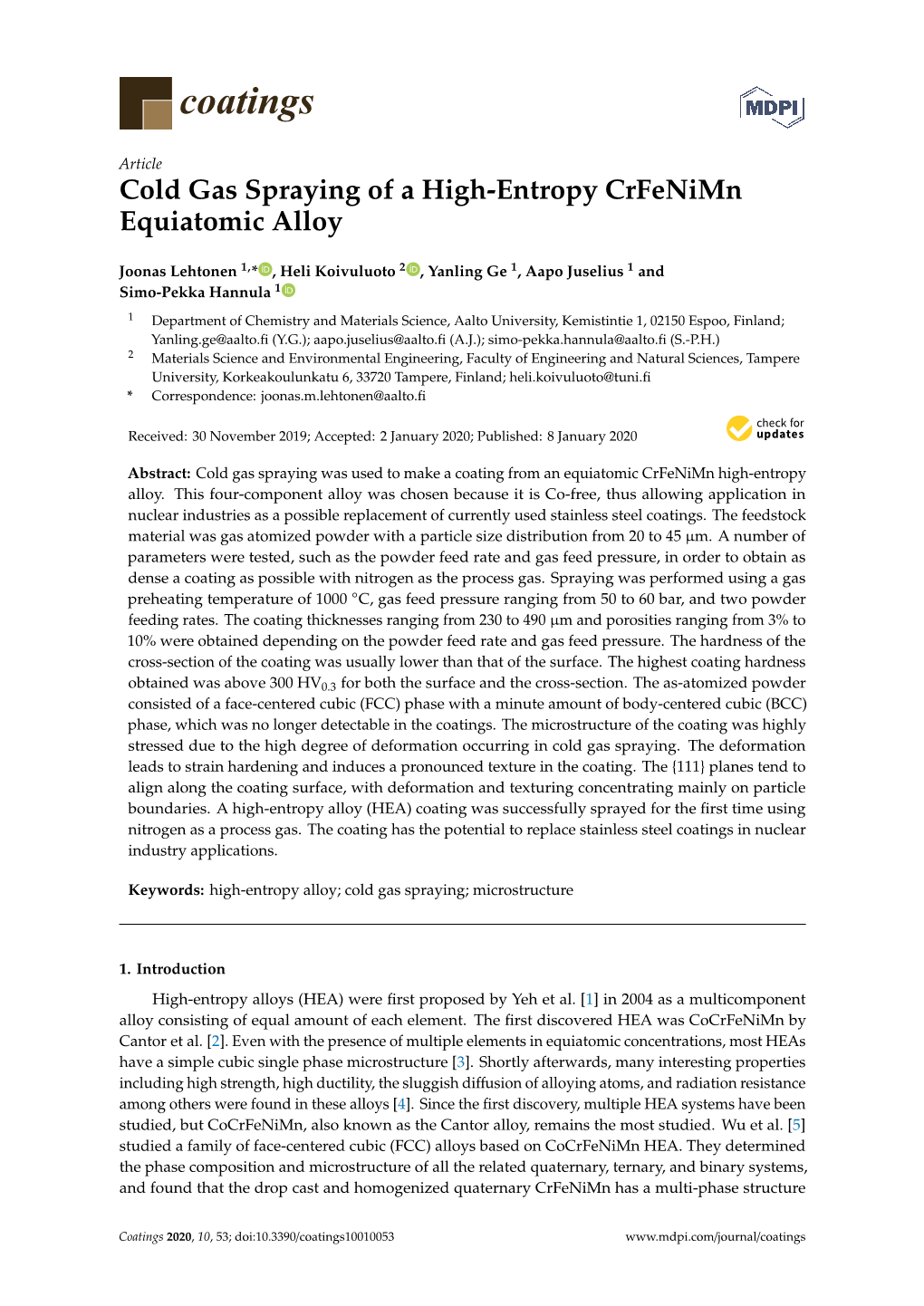 Cold Gas Spraying of a High-Entropy Crfenimn Equiatomic Alloy