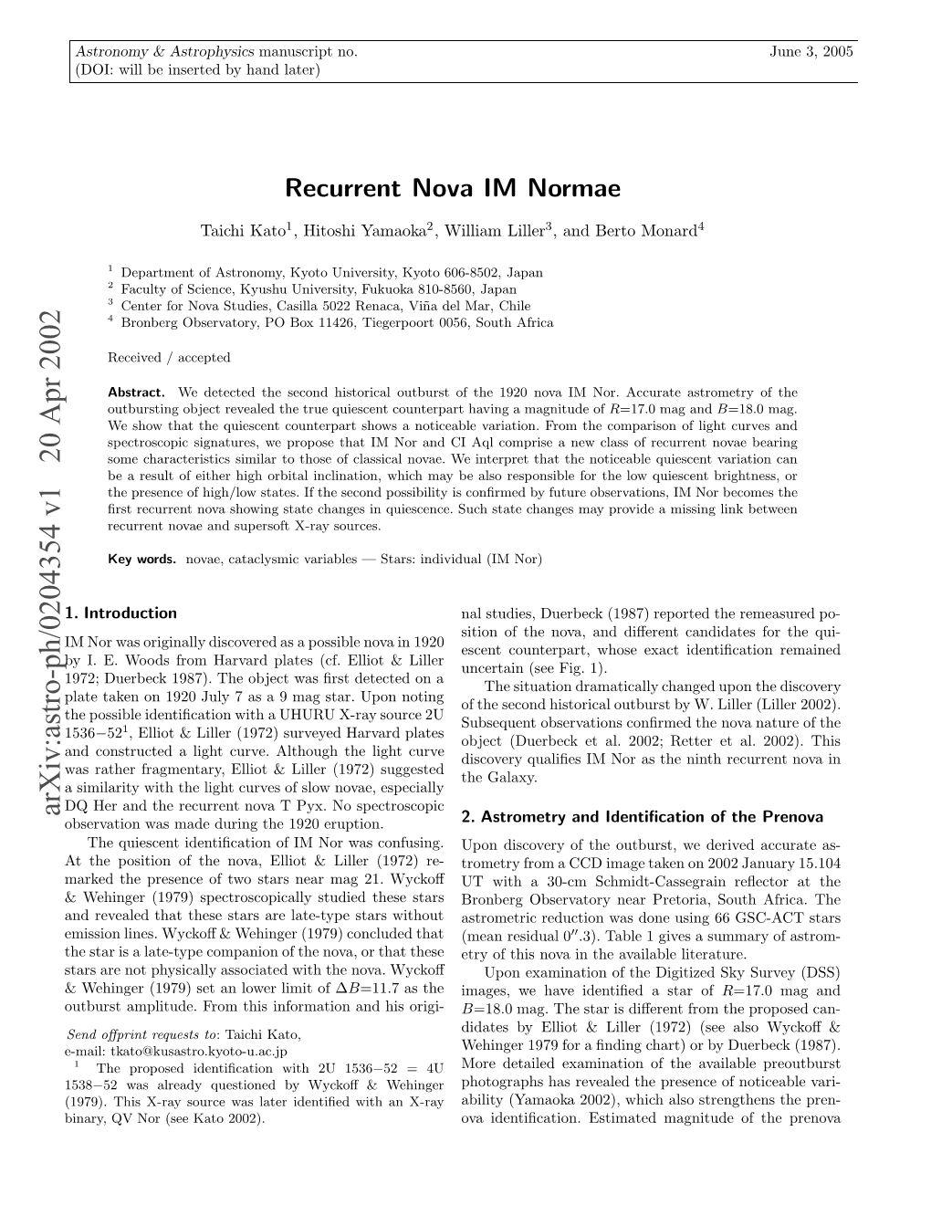 Arxiv:Astro-Ph/0204354 V1 20 Apr 2002 1 DI Ilb Netdb Adlater) Hand by Inserted Be Will (DOI: Astrophysics & Astronomy H Uecn Dnicto Fi O a Confusing