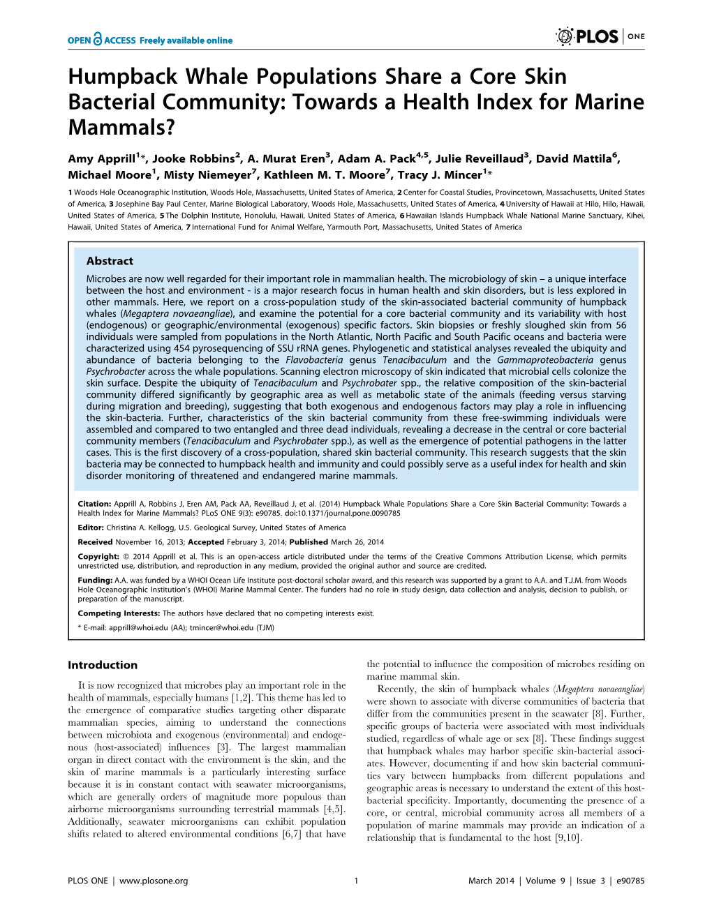 Humpback Whale Populations Share a Core Skin Bacterial Community: Towards a Health Index for Marine Mammals?