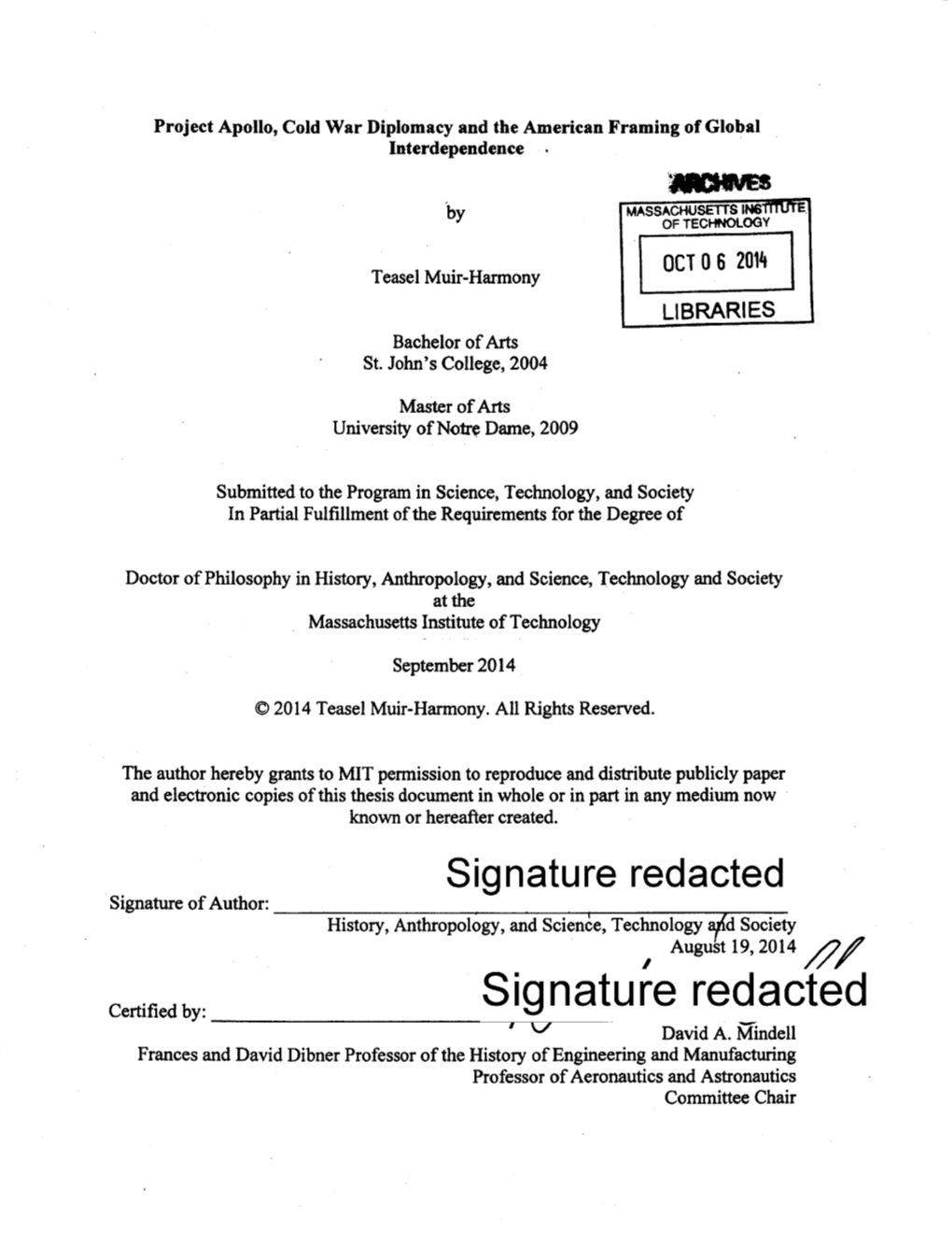 Signature Redacted Signature of Author: History, Anthropology, and Science, Technology Affd Society August 19, 2014