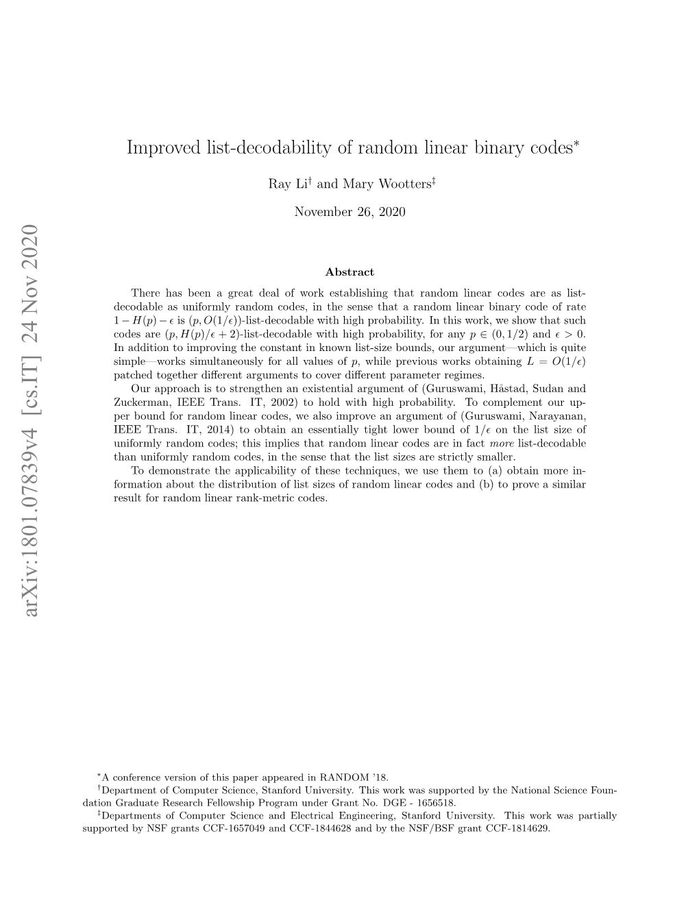 Improved List-Decodability of Random Linear Binary Codes