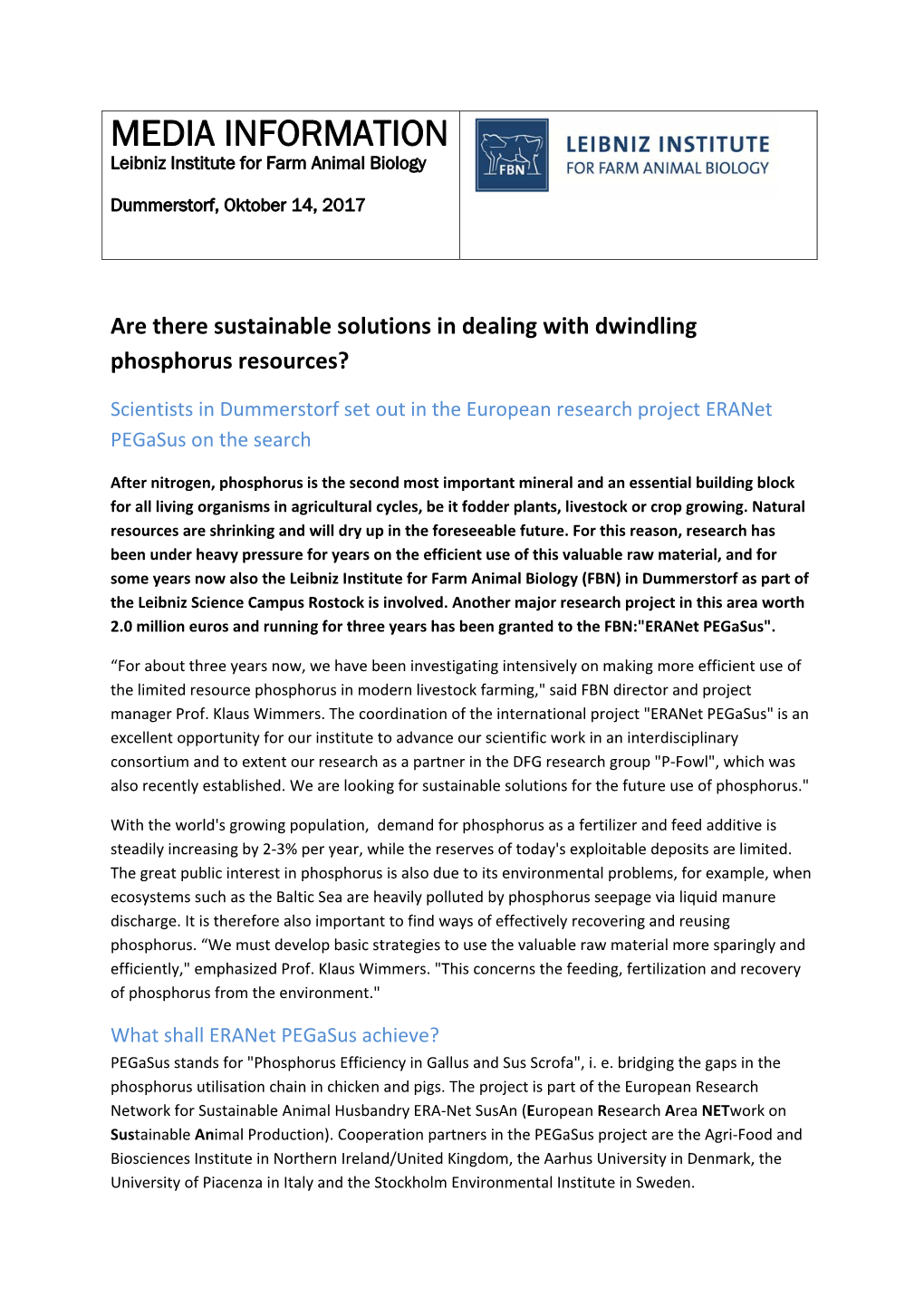 MEDIA INFORMATION Leibniz Institute for Farm Animal Biology