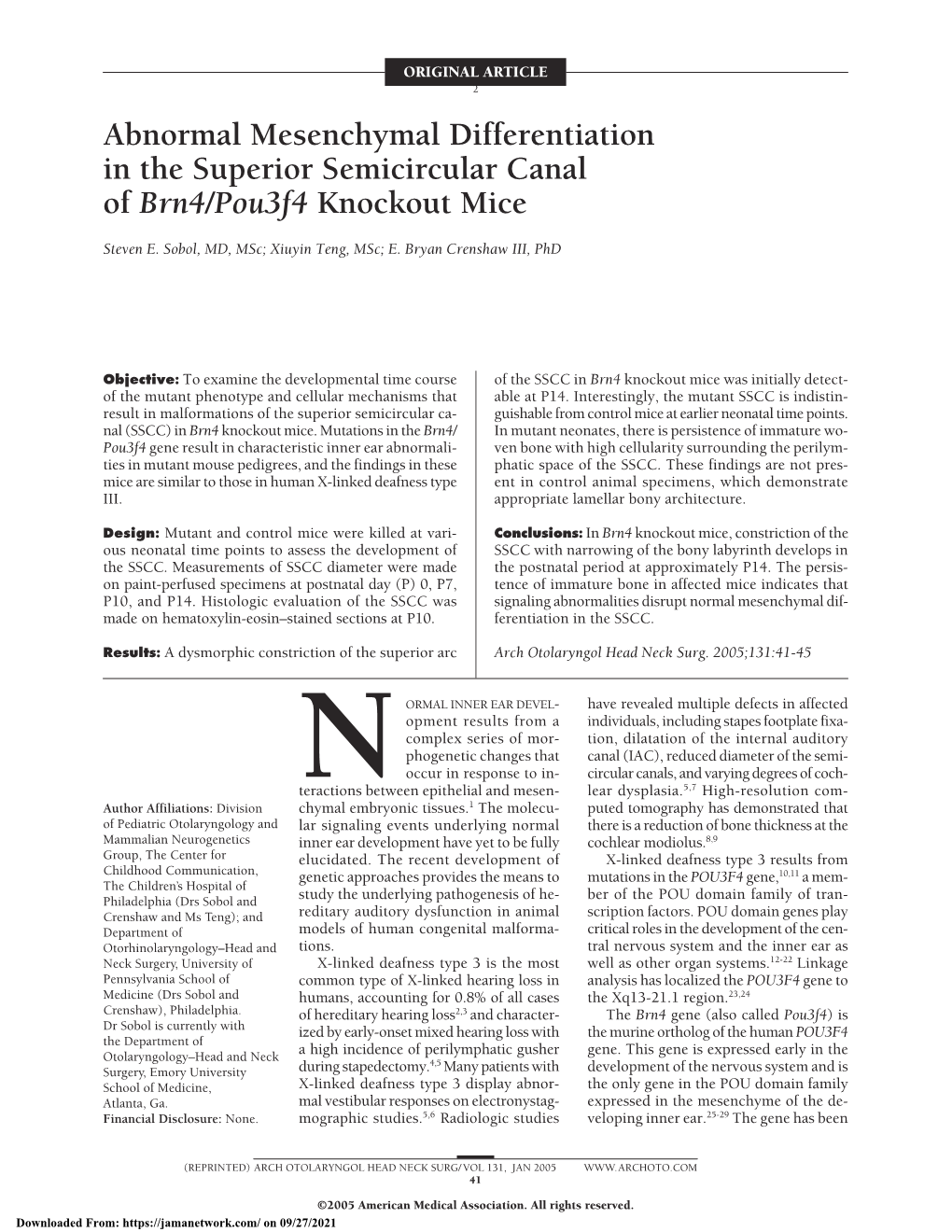 Abnormal Mesenchymal Differentiation in the Superior Semicircular Canal of Brn4/Pou3f4 Knockout Mice