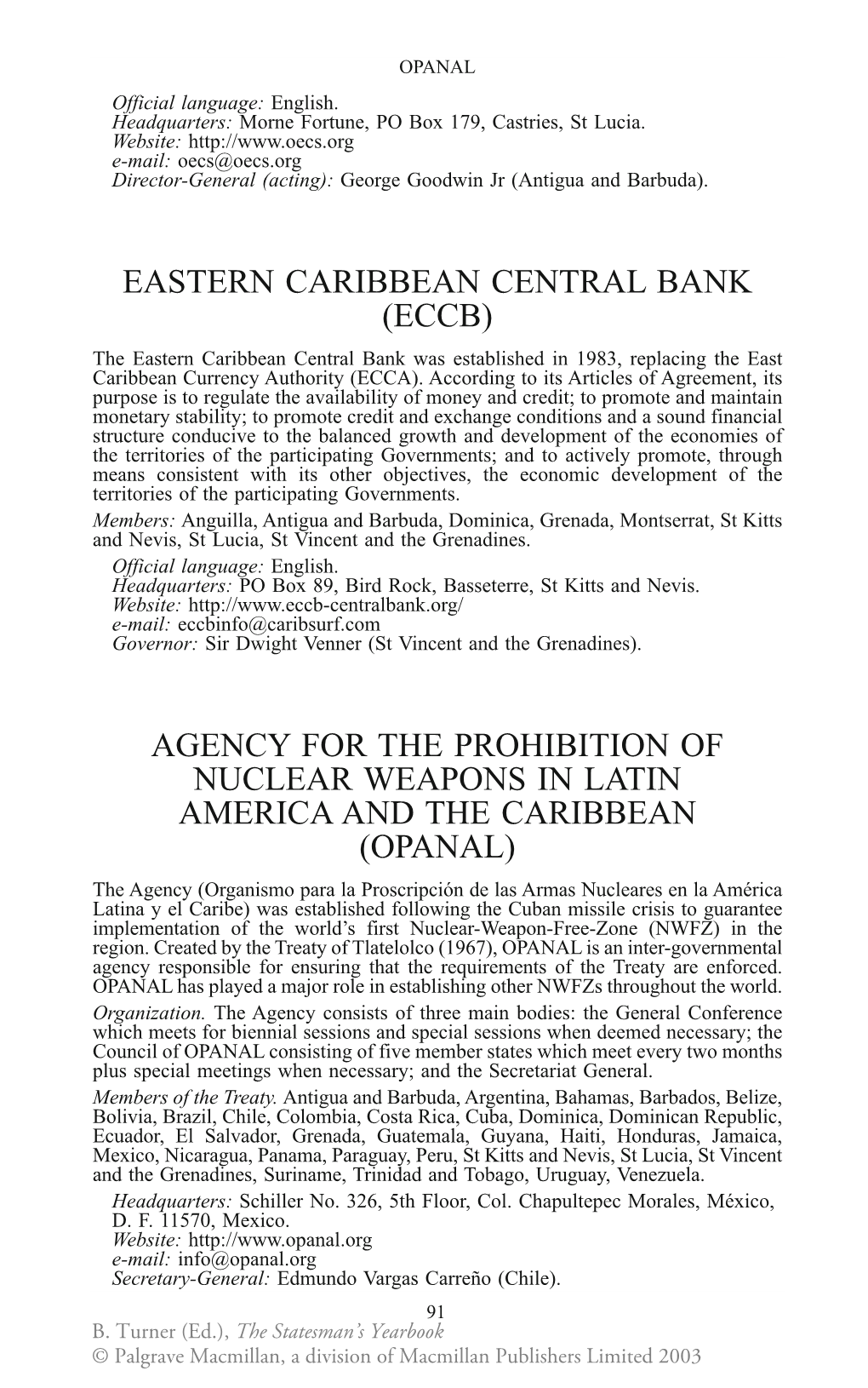 Eastern Caribbean Central Bank (Eccb) Agency for The