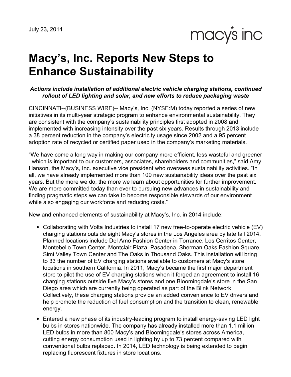 Macy's, Inc. Reports New Steps to Enhance Sustainability