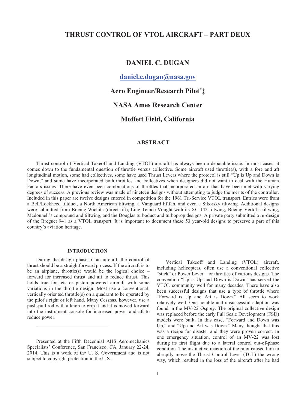 Thrust Control of Vtol Aircraft – Part Deux Daniel C. Dugan