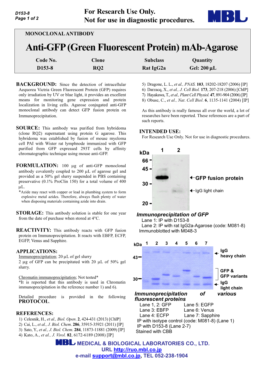 Anti-GFP (Green Fluorescent Protein) Mab-Agarose Code No