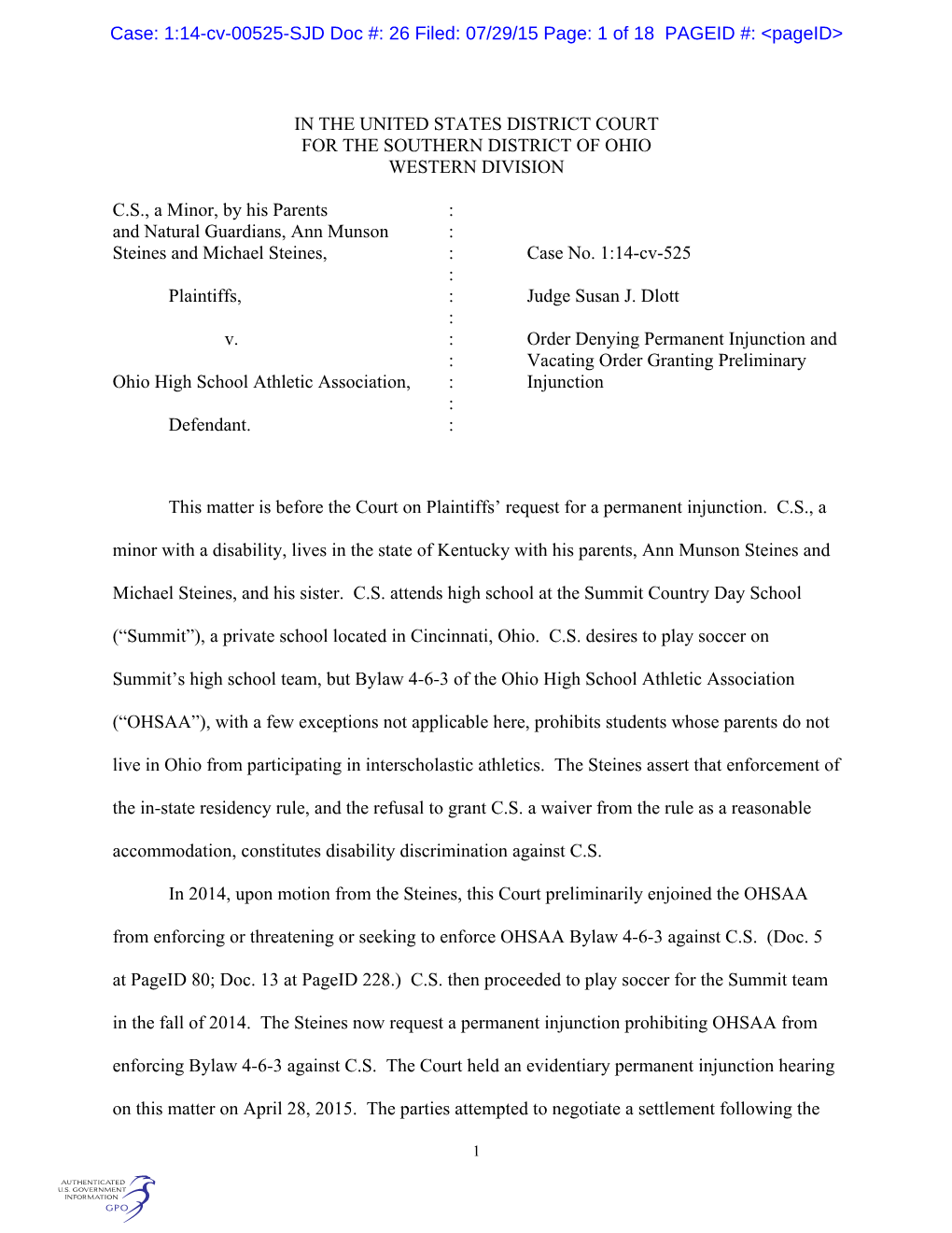 1:14-Cv-00525-SJD Doc #: 26 Filed: 07/29/15 Page: 1 of 18 PAGEID