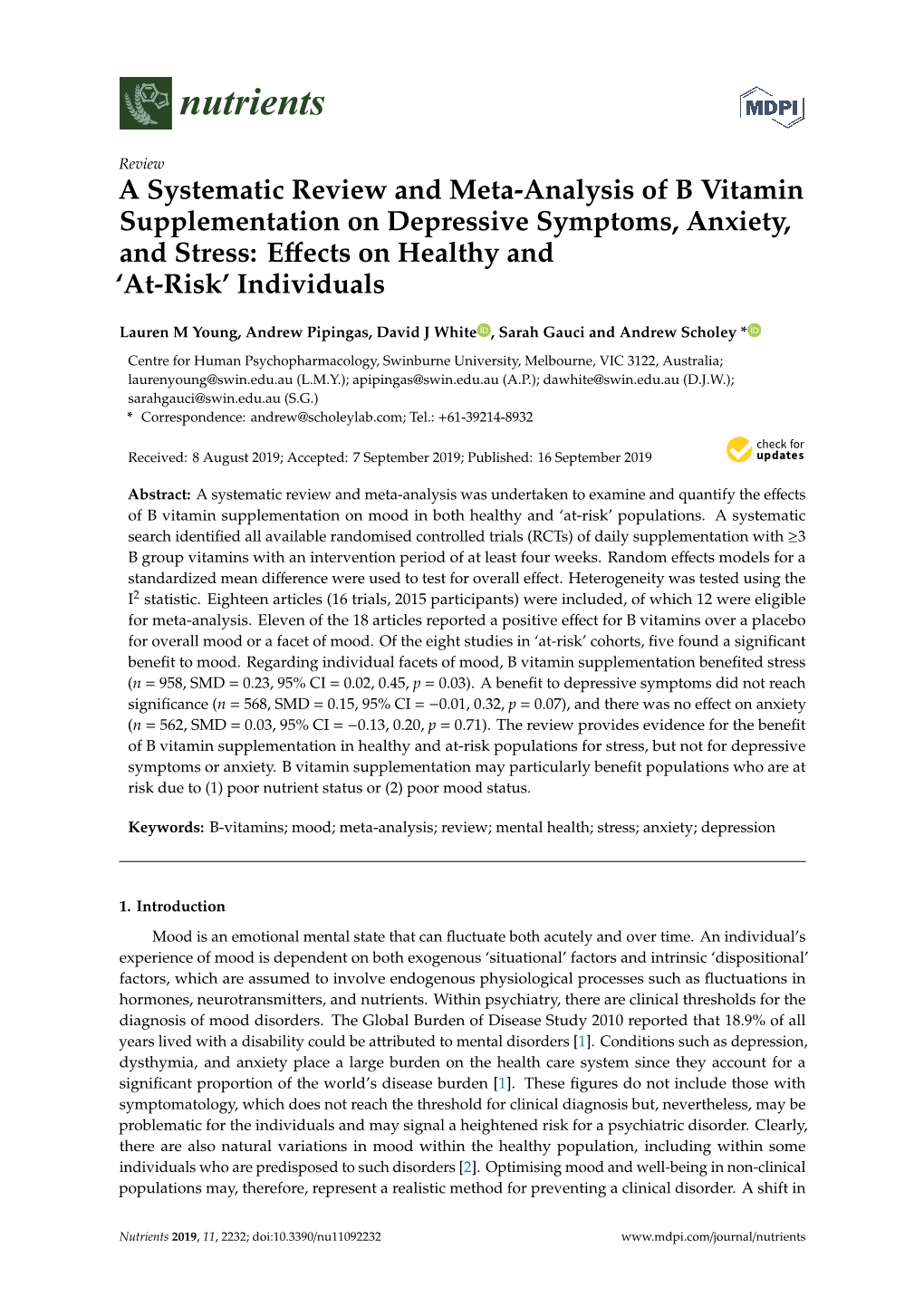 A Systematic Review and Meta-Analysis of B Vitamin Supplementation on Depressive Symptoms, Anxiety, and Stress: Eﬀects on Healthy and ‘At-Risk’ Individuals