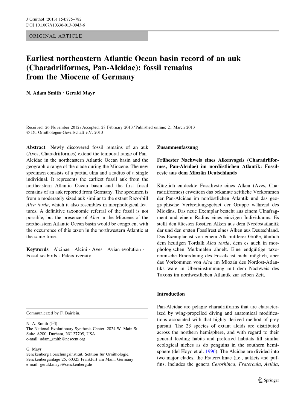 Earliest Northeastern Atlantic Ocean Basin Record of an Auk (Charadriiformes, Pan-Alcidae): Fossil Remains from the Miocene of Germany