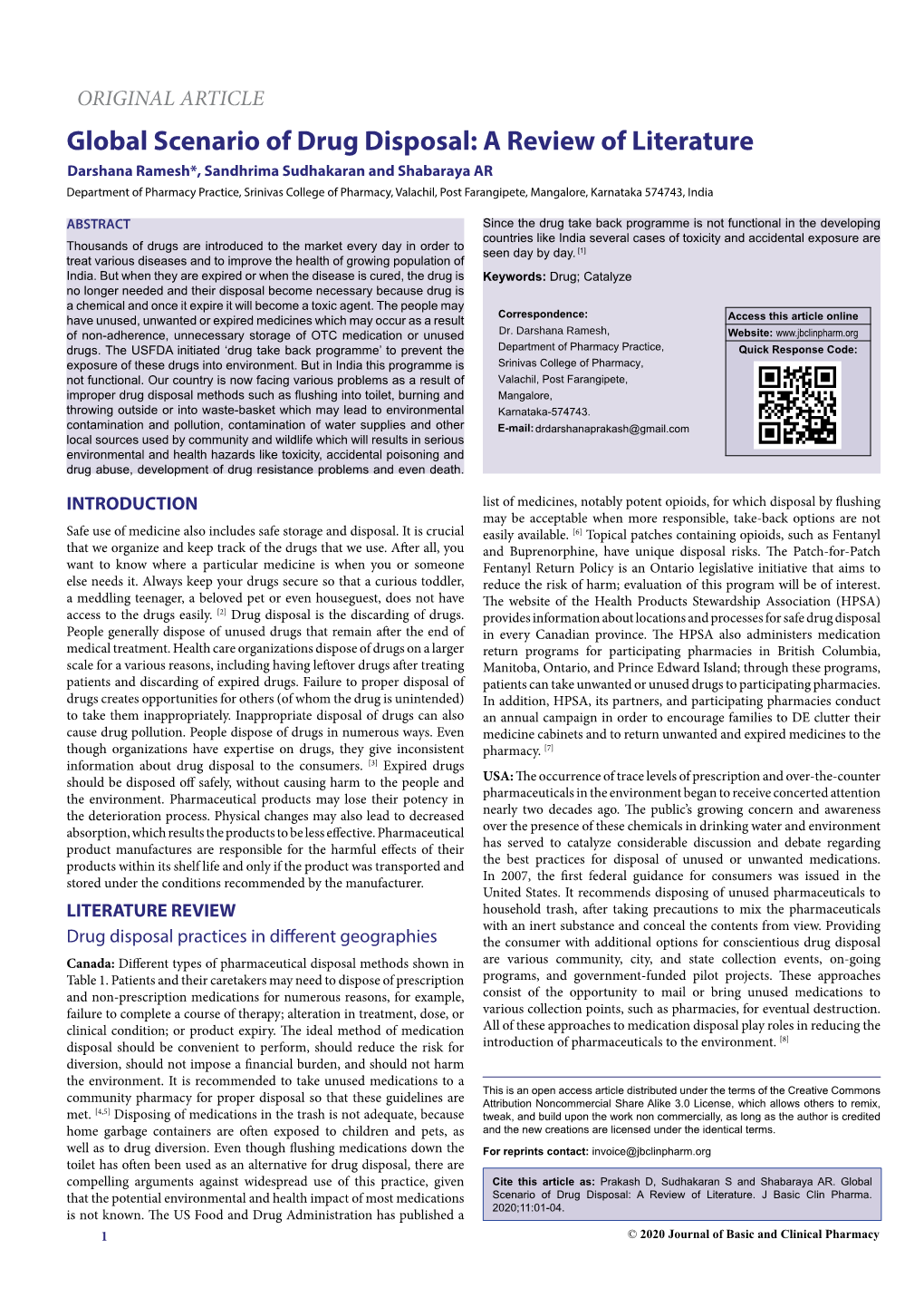 Global Scenario of Drug Disposal: a Review of Literature