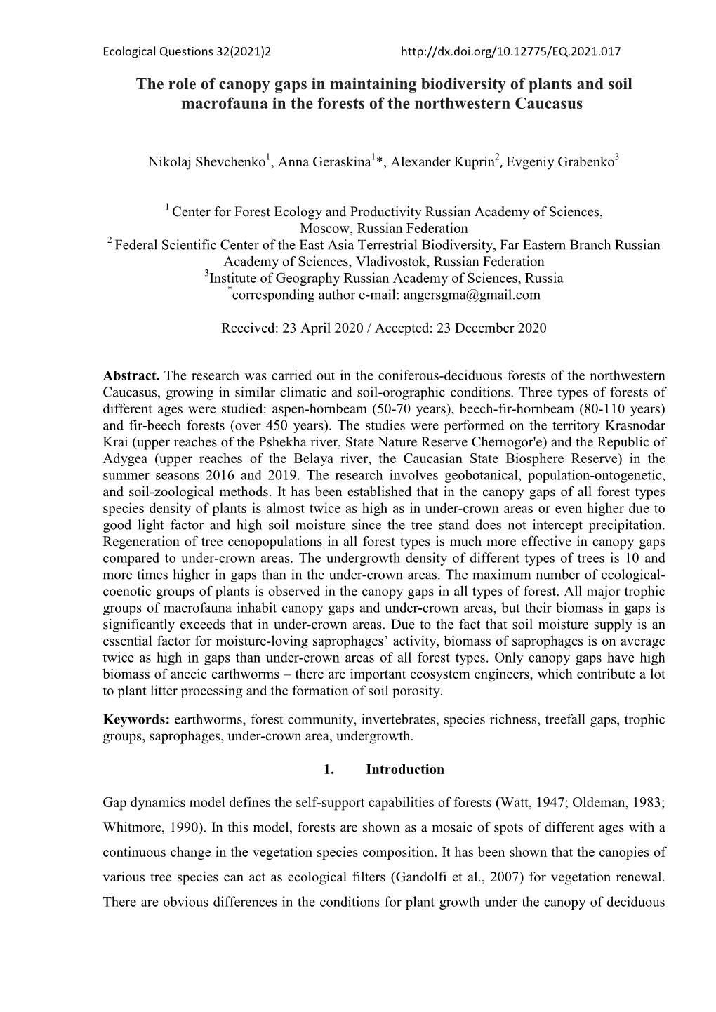 The Role of Canopy Gaps in Maintaining Biodiversity of Plants and Soil Macrofauna in the Forests of the Northwestern Caucasus