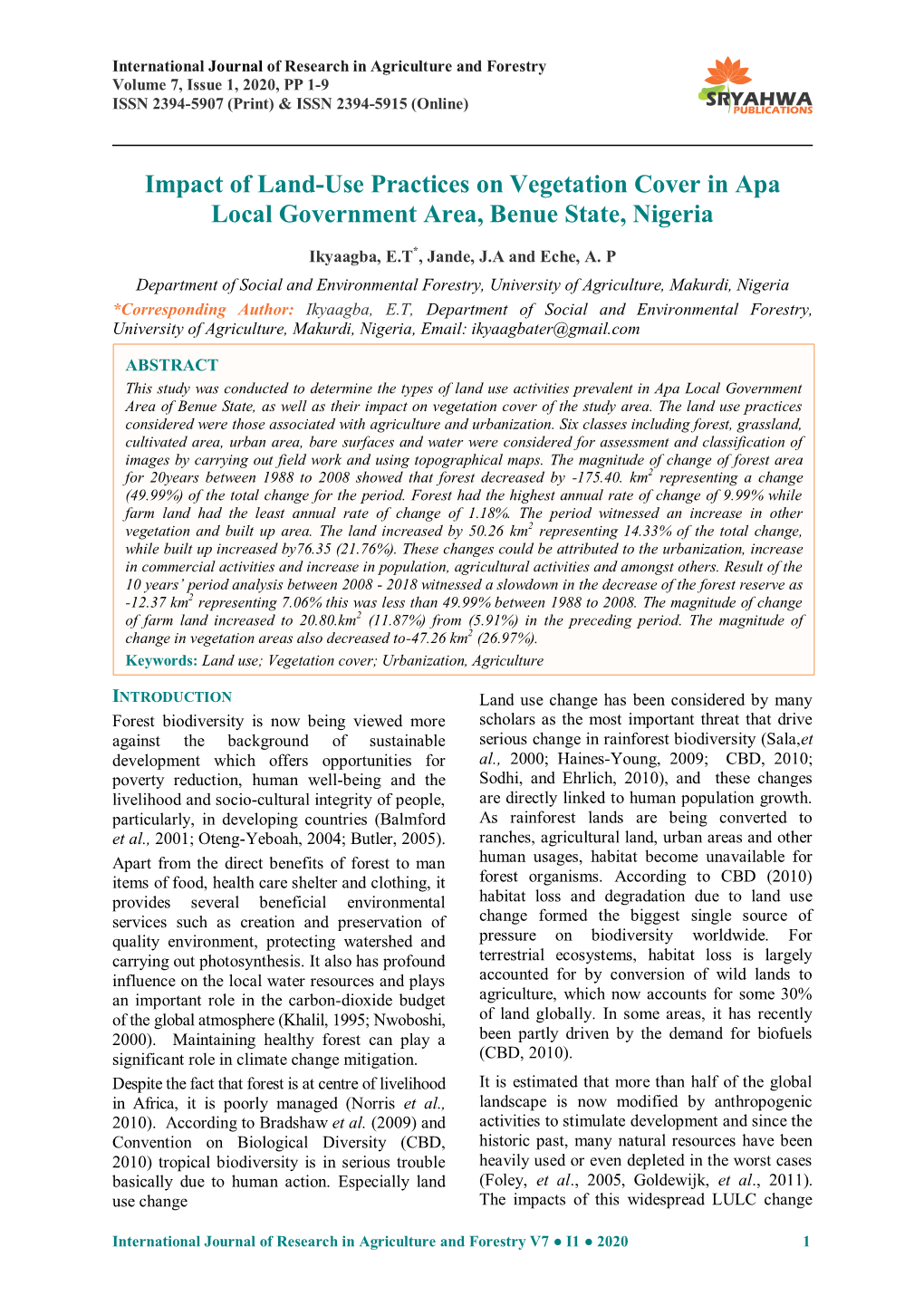 Impact of Land-Use Practices on Vegetation Cover in Apa Local Government Area, Benue State, Nigeria