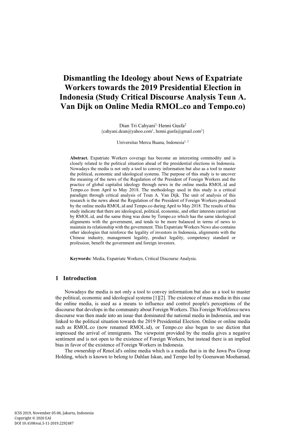 Dismantling the Ideology About News of Expatriate Workers Towards the 2019 Presidential Election in Indonesia (Study Critical Discourse Analysis Teun A