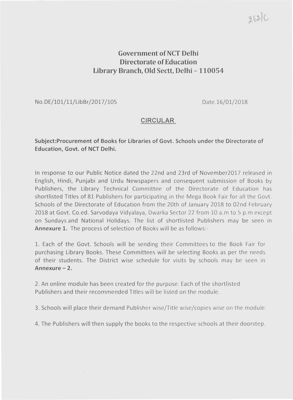 Government Ofnct Delhi Directorate of Education Library Branch, Old Sectt, Delhi -110054