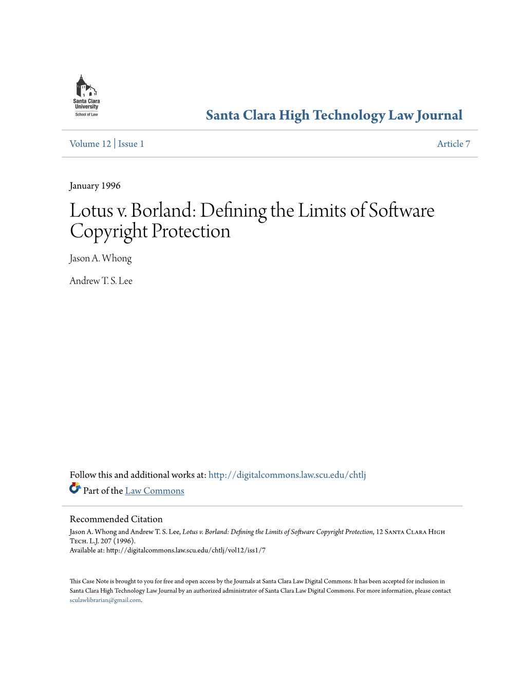 Lotus V. Borland: Defining the Limits of Software Copyright Protection Jason A