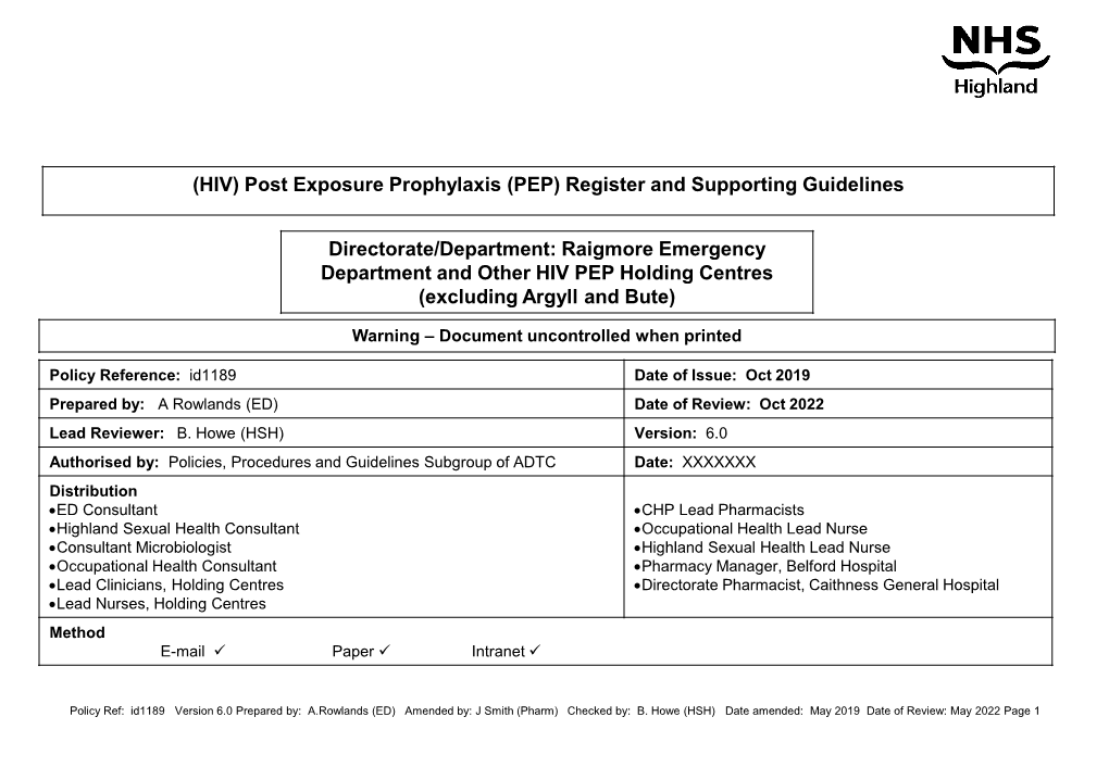 (HIV) Post Exposure Prophylaxis (PEP) Register and Supporting Guidelines