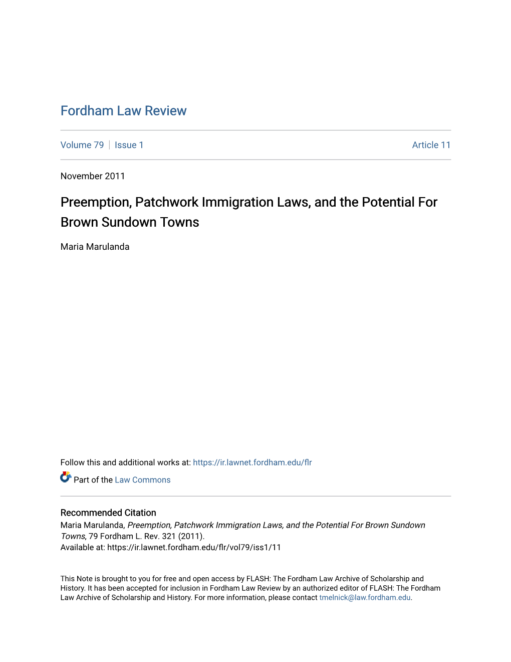 Preemption, Patchwork Immigration Laws, and the Potential for Brown Sundown Towns